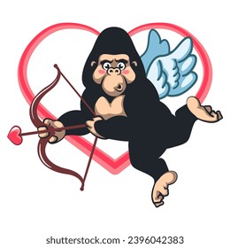 icon of a cute gorilla with wings like flying cupids carrying a love arrow