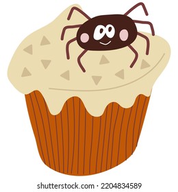 Icon of a cute hand drawn doodle halloween cake wit spider.Single design graphic element.Hand drawn doodle vector illustration. 