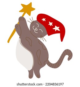 Icon of a cute hand drawn doodle cat character with magic star wand.Single design graphic element.Hand drawn doodle vector illustration. 