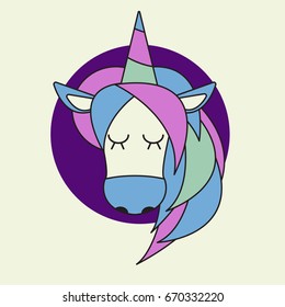 Icon cute head of unicorn with rainbow mane. Vector graphic design