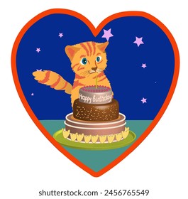 Icono con un lindo gatito, inserte en una forma de corazón soplando las velas en el pastel con Feliz cumpleaños escrito en él. Ilustración vectorial aislada en blanco.