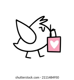 An icon of cute little bird with gift package in it’s beak. 