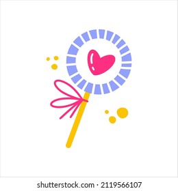 An icon of cute lollipop with heart stamp. Hand drawn vector illustration for valentine cards, gifts and souvenirs.