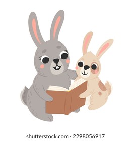 Icon of cute mommy and baby rabbit reading book in cartoon style. Bunny pet silhouette. Hare mom and kid colorful illustration for childrens book, postcards and posters.