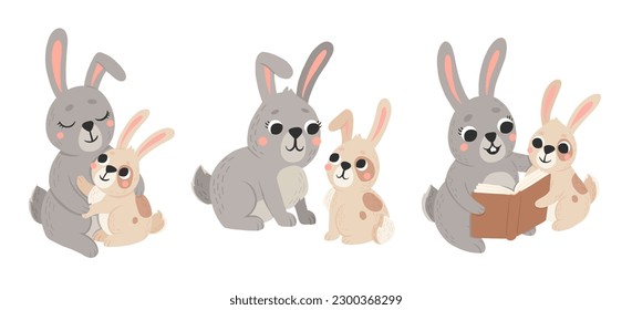 Icon of cute mommy and baby rabbit in cartoon style. Bunny pet silhouette. Hare mom and kid colorful illustration for childrens book, postcards and posters.