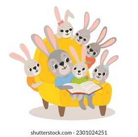 Icon of cute mommy and baby rabbits reading book in cartoon style. Bunny pet silhouette. Hare mom and kid colorful illustration for childrens book, postcards and posters.