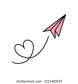 An icon of cute paper airplane with heart-shaped trace after it. 