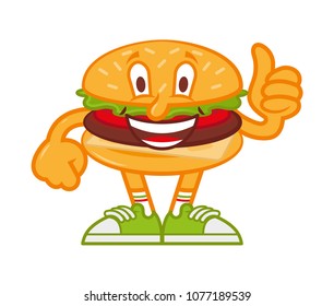 icon cute smile cartoon character American hamburger which stand and show thumb up like it. Dressed up in fashionable sneakers. Modern illustration mascot logo for kids flat design 