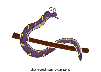 Icon of a cute snake hanging on a branch. An image of a snake hanging on a branch with a tongue sticking out in a multi-colored color. Isolated vector illustration on clean beome background.