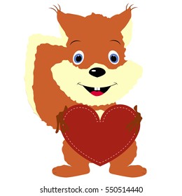 icon cute squirrel holding a red heart frame on a white background. template for greeting card on Valentine's day or baby shower or arrival. vector illustration