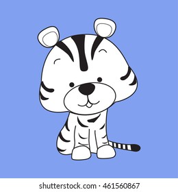 icon of cute tiger with blue background,tiger vector illustration with black stroke