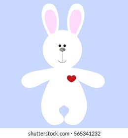 icon cute white Bunny with a red heart on a blue background. baby vector illustration. the soul of the child.
