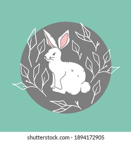 The icon cute white hare on green background, forest, woodland animal, illustration in flat, modern style, vector eps 10 format