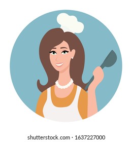 Icon of a cute woman cook. Beautiful girl and ladle