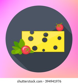 Icon of cutted cheese piece. Cheese flat icon with long shadow. Vector illustration EPS10. Modern design. 