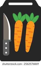 An icon of a cutting board featuring two fresh carrots and a kitchen knife. Minimalist and modern design. Ideal for apps, websites, or print materials.