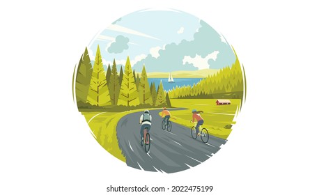 Icon of cyclists on the road. A warm summer day. Pedestrians on bicycles on the road. People riding on the roads. Cycling through beautiful scenery. The expanse of nature. Vector illustration. EPS 10