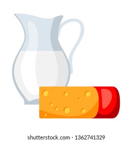 Icon of dairy products, milk and cheese. Illustration solated on white background.