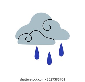 Icon of dark cloud with drops of rain. Sign of rainy weather, sky cry. Abstract symbol of bad mood, upset, depressed emotions, expression of sad. Flat vector illustration on white background.