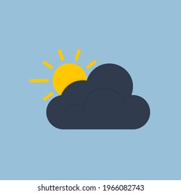 An icon of a dark cloud with the sun behind one after the rain is isolated on a solid blue background. Flat vector illustration. Editable ray lines.