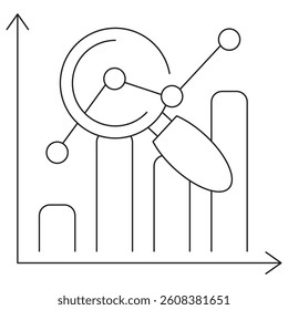 Icon of data analysis with a magnifying glass over a bar chart and a connected graph. Vector pictogram with thin black lines on a transparent background. Line thickness is editable