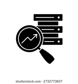Icono de una lupa y servidor de análisis de datos, aislado en un fondo limpio.