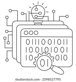 Icon of data mining representing data processing, binary code interpretation, and innovative digital solutions. Vector pictogram with thin black lines on a transparent. Editable line thickness