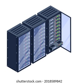 Icono de la sala del servidor de datos en diseño isométrico moderno 