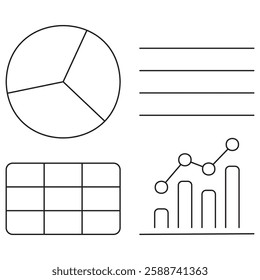 Icon of data visualization elements, including a pie chart, bar chart, table, and text lines, symbolizing analytics, and reporting. Vector pictogram with thin black lines, editable line thickness