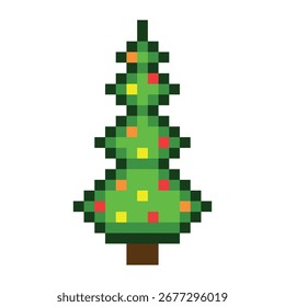 Icono de un árbol de Navidad decorado en estilo pixel art. Ilustración vectorial aislada sobre un fondo blanco.