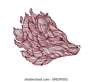 Icon of decorative fox head with curled lined object. Tattoo pattern. Company logo. Doodle sketch