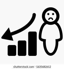 Icon decrease graphic with person. Illustration of the work of a manager. Labor productivity. Personnel Management. Employee Efficiency. Vector icon