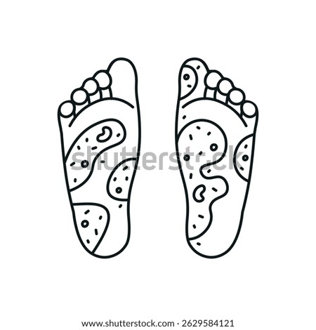 Icon dedicated to skin diseases is designed with thin lines. The image depicts soles of the feet with visible skin changes resulting from psoriasis.