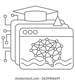 Icon of deep learning with layered screens, brain network, wavy lines and academic cap symbolizing AI training. Vector pictogram with thin black lines on a transparent, editable line thickness