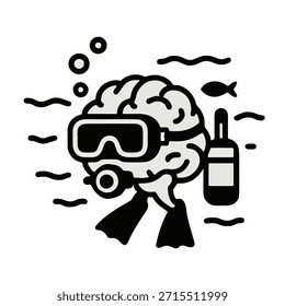 Icon "Deep Work": a brain scuba diving with gear into an ocean of focus.