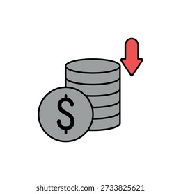 Icon a Deflationary coin stack with downward arrow, isolated against a clean background.