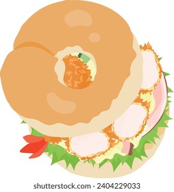The icon of delicious and cute bagel sandwich with fried shrimp and potato salad and ham