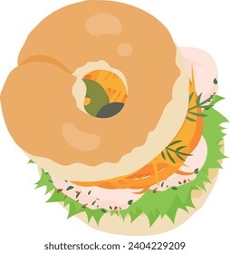 The icon of delicious and cute bagel sandwich with carrot rappe and chicken salad