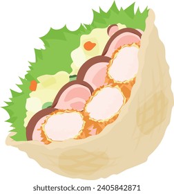 The icon of delicious and cute pita sandwich with fried shrimp and potato salad and ham