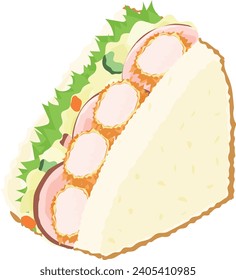 The icon of delicious and cute sandwich with fried shrimp and potato salad and ham