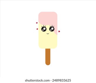 Icon with delicious refreshing ice cream with strawberry or vanilla popsicles. Sweet dessert. Cartoon flat vector illustration isolated on white background.