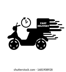 Icon of the delivery bike. Scooter with package and a timer. Logo, symbol. Flat vector illustration.
