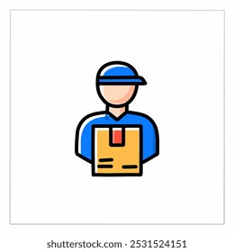 Icon of delivery man in uniform with cardboard box, flat vector illustration