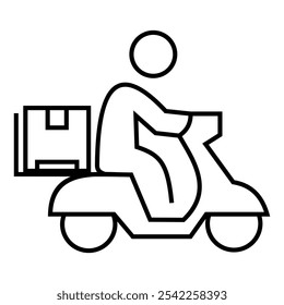 Ícone do entregador usando motocicleta com papelão atrás. Ilustração de símbolo de design de vetor.