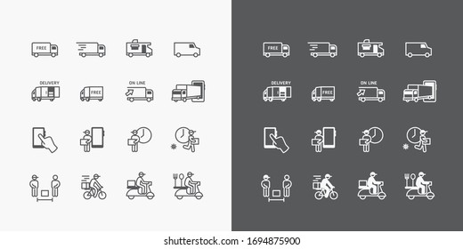 Icon Delivery servicio en línea en la aplicación móvil.E-comercio compras y comida enviado a casa en el concepto de crisis coronavirus covid-19. iconos vectorial de diseño de línea plana