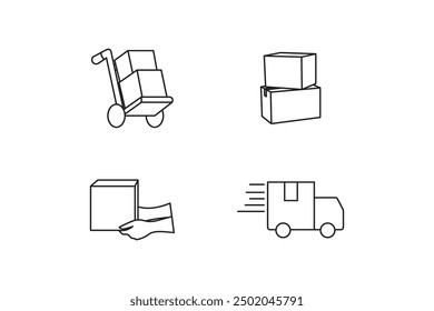 Icono para los servicios de entrega. Carrito, paquete de la caja, coche de entrega, envío 