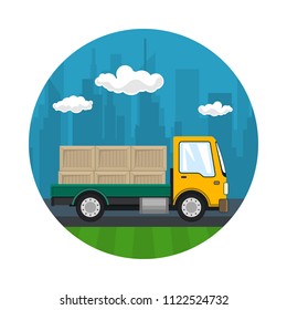 Icon of Delivery Services, Yellow Small Cargo Truck with Boxes on the Road against the Background of the City, Logistics, Shipping and Freight of Goods, Vector Illustration