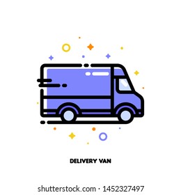 Icon of delivery van which symbolizes local delivery service or fast shipping for shopping and retail concept. Flat filled outline style. Pixel perfect 64x64. Editable stroke