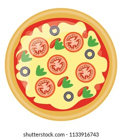 
Icon denoting quiche by showing crust and sprinkles of black olives and tomato slices over it 
