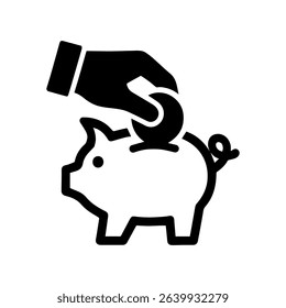 Icon depicting the act of hand inserting a coin into a piggy bank for saving money